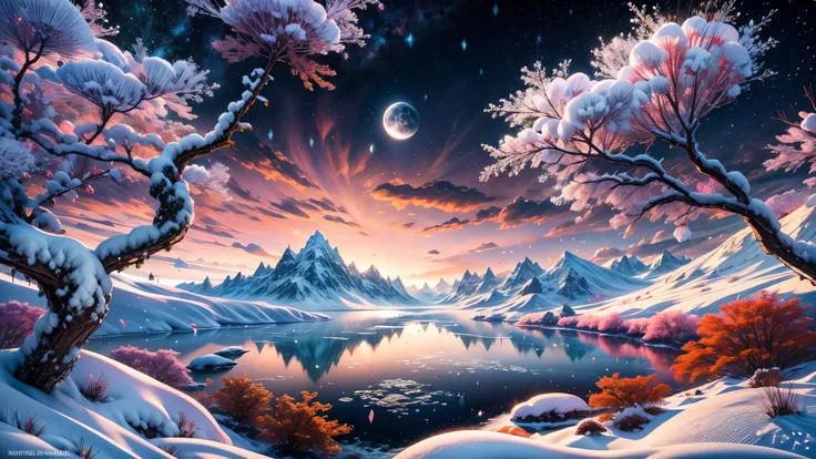 Masterpiece, Best quality, Highly detailed, offcial art, Extremely detailed Cg Unity 8K wallpaper, absurderes, 8K resolution, available  light, In winter, (snow mountains:1.8,snow landscape:1.3,Nature views:1.2),snowflower, Snow,Ice, Hills, ice river, Beau...