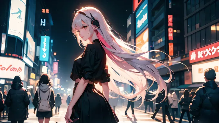 A cinematic shot of a 20-year-old woman in the bustling streets of Shibuya at twilight, wearing stylish, modern fashion that perfectly complements her tall, elegant figure. She is breathtakingly beautiful, with an air of effortless confidence. Large headph...