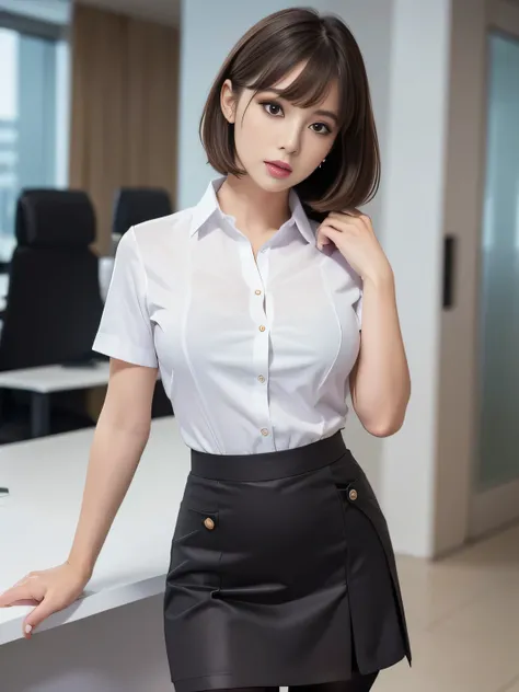 tight-fitting business shirt, short sleeves, tight skirt, (shirt tucked into skirt:1.3), , business jacket, tights, office,
4k q...