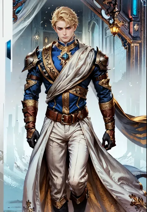 (masterpiece:1.2, best quality:1.2, extremely delicate:1.2), ((male:1.5)), a middle-aged man with short tousled golden hair, deep-set eyes, sharply defined features, serious expression, luxurious yellow-and-white fantasy-style composite silk satin top, sil...