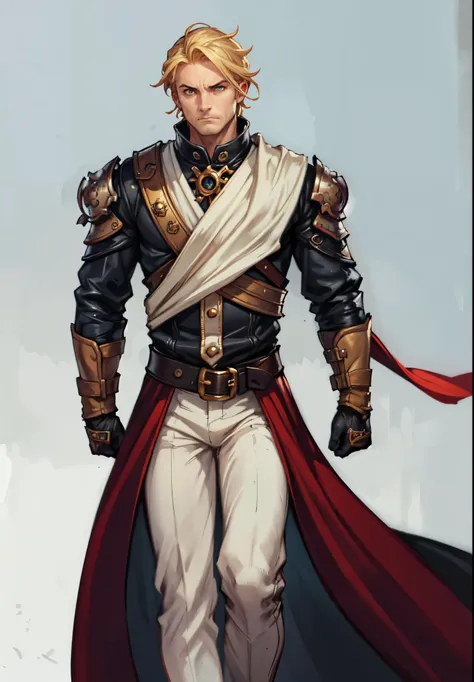(masterpiece:1.2, best quality:1.2, extremely delicate:1.2), ((male:1.5)), a middle-aged man with short tousled golden hair, deep-set eyes, sharply defined features, serious expression, luxurious yellow-and-white fantasy-style composite silk satin top, sil...