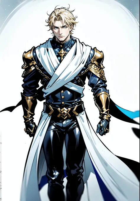 (masterpiece:1.2, best quality:1.2, extremely delicate:1.2), ((male:1.5)), a middle-aged man with short tousled golden hair, deep-set eyes, sharply defined features, serious expression, luxurious yellow-and-white fantasy-style composite silk satin top, sil...