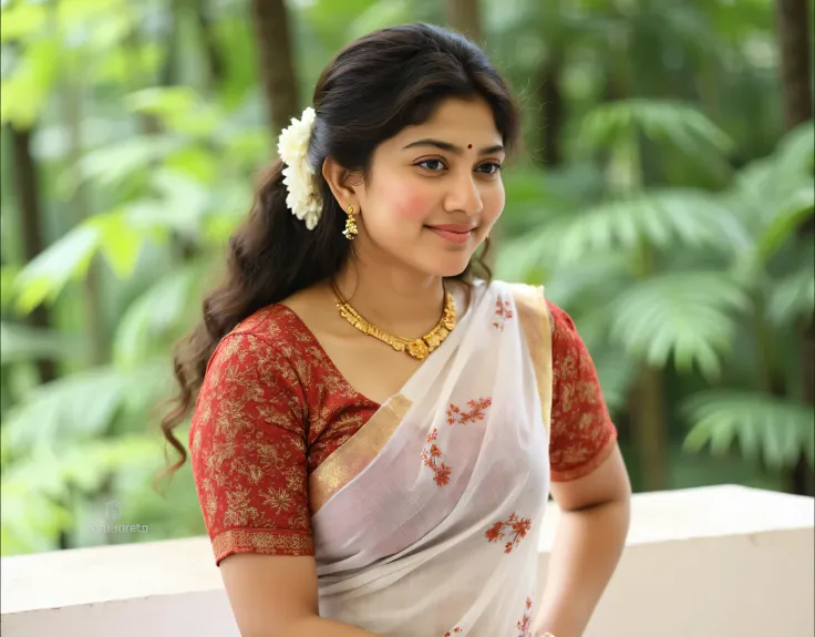 "Graceful_Tradition_PDXL_Portrait
(masterpiece:1.21), (bestquality:1.21), 8k, high detailed, ultra-detailed, depth of field, vibrant lighting, traditional South Indian attire, wearing a saree with intricate patterns, jasmine flowers adorning the hair, gold...