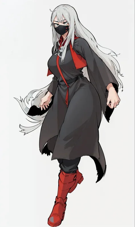 1girl((grey hair, grey eyes, mouth mask, black robes, red details, black pants, red boots, dynamic hair, horikoshi kouhei, manga...