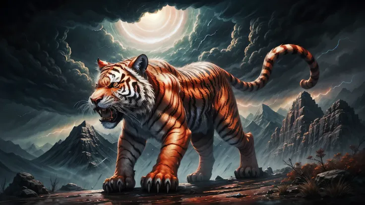 red tiger, mountains, thunder, myth, abstract, fantasy, light magic, mural style, roar, storm, tempset, anger