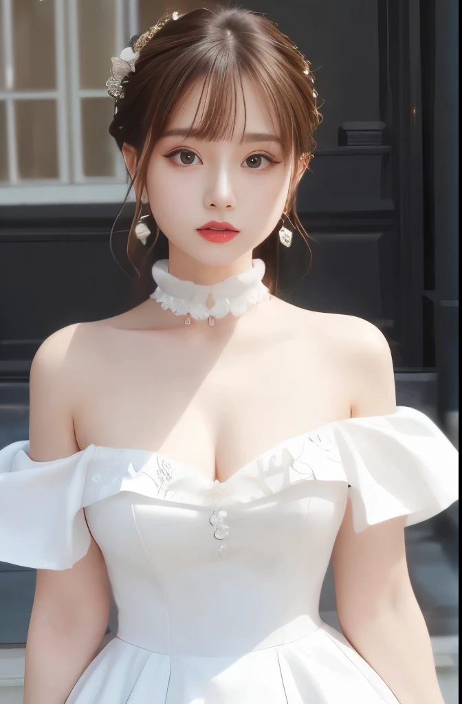 8K quality, masterpiece, stunning beauty, hair details, choker, collarbones, off-shoulder white dress, girl