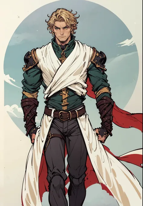 (masterpiece:1.2, best quality:1.2, extremely delicate:1.2), ((male:1.5)), a middle-aged man with short tousled golden hair, deep-set eyes, sharply defined features, serious expression, luxurious yellow-and-white fantasy-style composite silk satin top, sil...