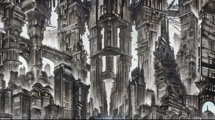 a drawing of a city with a lot of tall buildings, inspired by Piranesi, tectonic cityscape, inspired by Giovanni Battista Piranesi, piranesi style, mega structure city, intricate futurism, expansive detailed layered city, ruined cityscape, inspired by Clae...