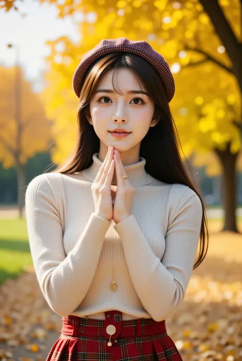 realistic, Vibrant outdoor photo of a young East Asian woman in autumn. Shes wearing a comfy cream turtleneck sweater and a stylish red plaid skirt, On his head he wears a checked beret. This scene、Capture the warmth of the autumn sun、Her soft smile and ...
