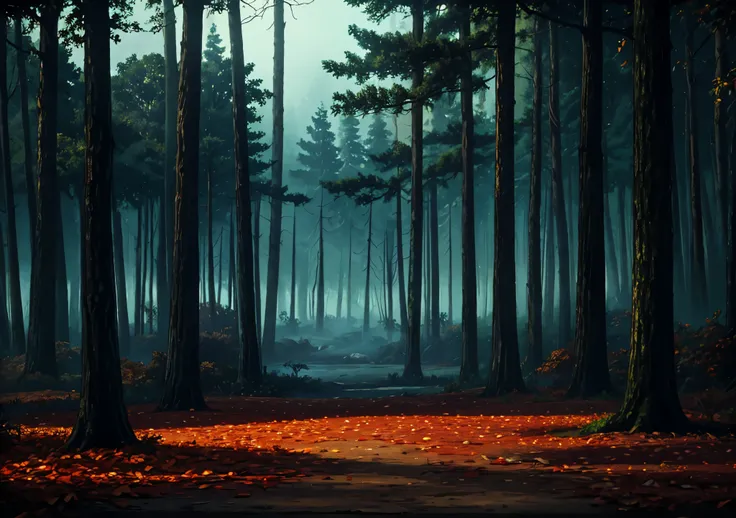forest, autumn, 2D, dark environment, dry leaves, dark night, apple