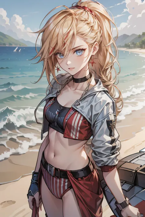 Young woman, age 22, long side bangs, messy hair , Braids and  vermelhos highlights in the hair  long flowing hair, dark blue eyes, braids, blonde with red highlights on hair, ultra lots red stripes on hair, beach outfit, thick eyelashes, bikini, ultra det...