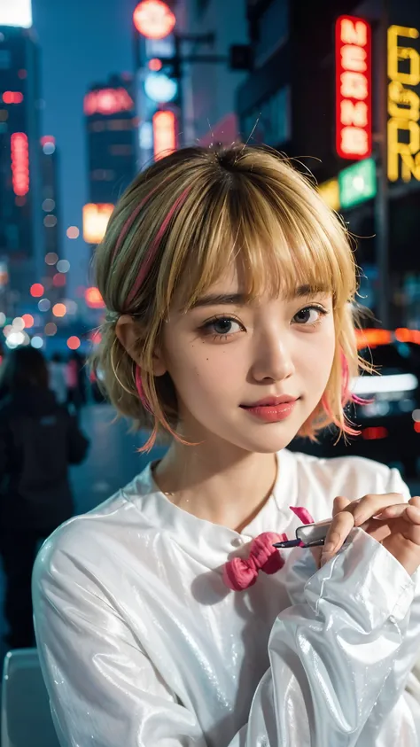  (  Cyberpunk ), ((Light clothing:1.3)),  1 girl, smile,  short hair scrunchies , hime cut,   Colored tips  ,    Long Sleeve  ,   Human Audience , Curly hair, Multicolored Hair,  split bangs,   open my lips,  blonde,   portrait ,  red eyeliner,  red lips, ...