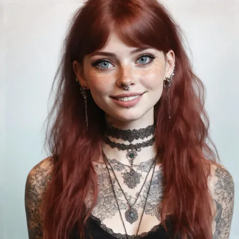 Emmy is a 17-year-old girl, with red hair, numerous freckles on her face, a thin upturned nose, a radiant smile, hypnotic blue eyes, tall and slender with a toned physique, sporting a fringe in her hairstyle, long and wavy hair, multiple tattoos on her bod...