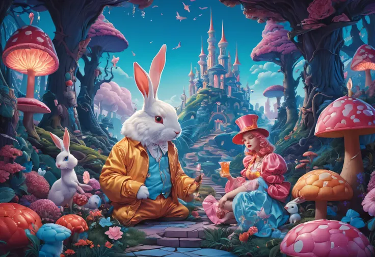 imagine, dream of, cinematic photo vaporwave style WLOP, One Color, James Jean, Fairy-Tale, buff (alice in wonderland following the rabbit down a hole full of miraculous wonders and a bunch of girls:1.1) Mind reader, 🤔, Boris Vallejo, Tristan Eaton, Pastel...