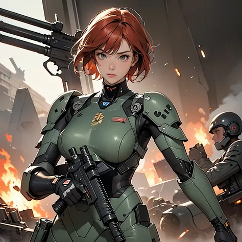 nsfw, very long shot, ANIME SCREENCAP, 16k, perfect anatomy proportion body,  action,  dynamic composition with a sense of speed and dynamism , (Firing an assault rifle, shooting:1.6), a wife, 40age, perfect beautiful delicate sexy face, perfect beautiful ...