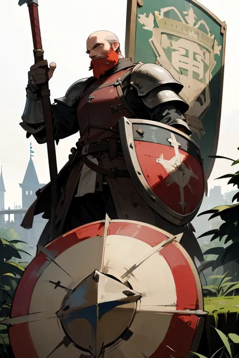 man 40 years old.  bald. Short red beard. Overgrown facial scars. armor. against the backdrop of the castle.  art. Holds a shield in his hand. in battle 