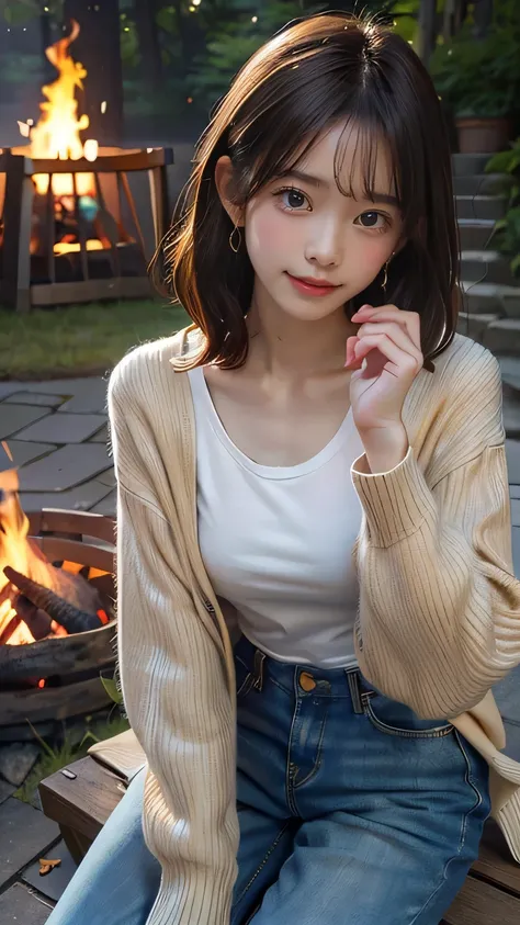  best quality,Realistic,masterpiece,  Details, high definition ,cute ,  Outdoor、 Camp、((bonfire))、 1 girl,  penis, Testis,  Alone,  No fixes, ,Pull up your clothes, pulling up  Long Sleeve ポロ shirt,  cardigan、 Shorthair, belly button, sweat,  is sitting,  ...