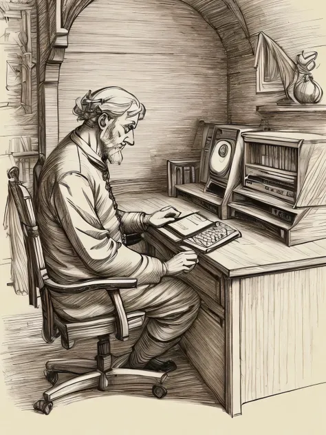 (davincisketch),fullbody,An old man operating a computer on his desk, computer keyboard, computer mouse, medieval clothes, serious face, holding his head, a fairy tale world, (manga style), (sketch), (illutration)