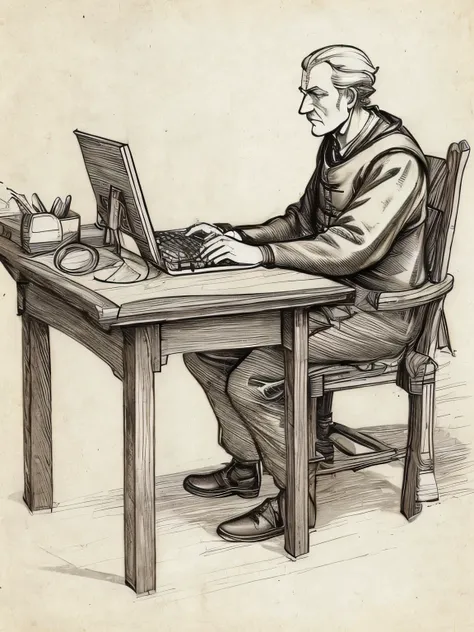 (davincisketch),fullbody,An old woman operating a computer on his desk, computer keyboard, computer mouse, medieval clothes, serious face, holding his head, a fairy tale world, (manga style), (sketch), (illutration)