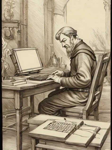 (davincisketch),fullbody,An old woman operating a computer on his desk, computer keyboard, computer mouse, medieval clothes, serious face, holding his head, a fairy tale world, (manga style), (sketch), (illutration)