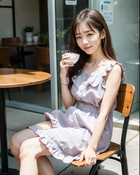 top-quality、、Soft light、( depth of field)、 ultra high resolution、( photorealistic:1.4)、  Uncut Pictures  、(sunlight、Daytime:1.2)、( portrait :1.4)、（The background is a stylish cityscape）、（ posing drinking tea alone in a cafe ）、（( 1 Japanese girl )）,20 years...