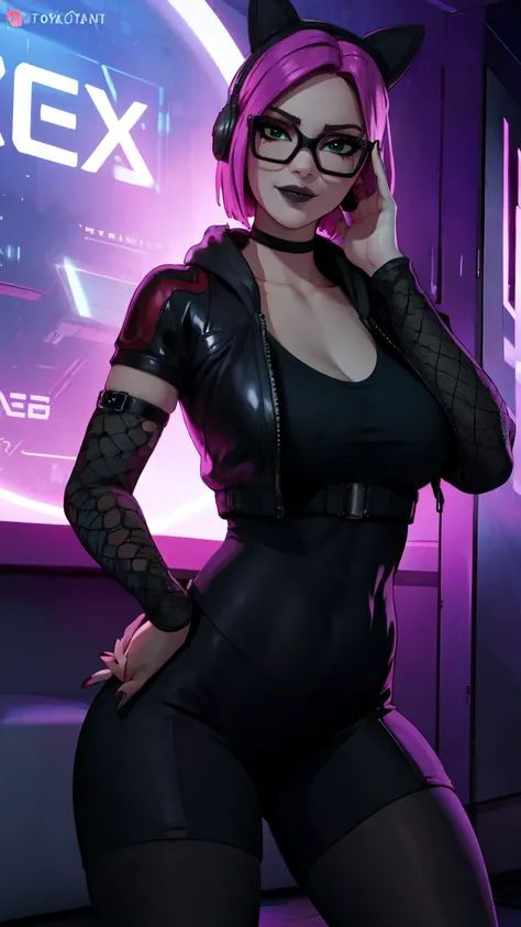 1 girl,black lips,choker, Night, moon, headphones(masterpiece) evening,dark sky(Cyberpunk Night)(Best Quality) led light, gaming zone,(Alone), looking at the viewer, high detailed,extremely detailed, fine green eyes,dynamic pose,mischievous smile ,short pi...