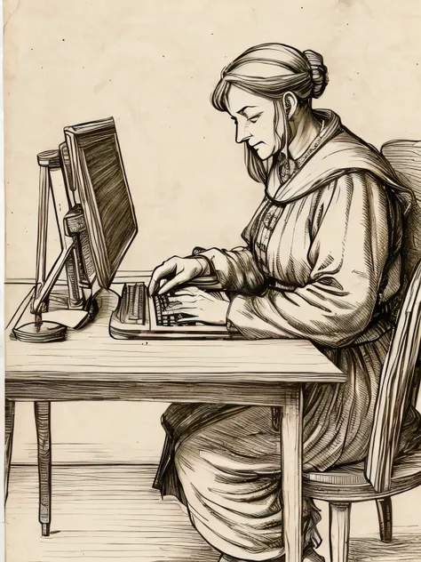 (davincisketch),fullbody,wrinkled face old woman operating a computer on his desk, computer keyboard, computer mouse, medieval dress, serious face, holding her head, a fairy tale world, (manga style), (sketch), (illutration)