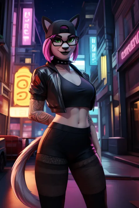 💜✨1 girl,black lips,choker,spiked choker, Night, (masterpiece) evening (Cyberpunk Night)(Best Quality) gaming ,(Alone), looking at the viewer , high detailed,extremely detailed, fine green eyes,dynamicpose, mischievous smile, short pink hair, cap, loose V-...