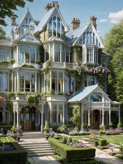  high resolution image with puffy cheeks，exterior,   blue-based glass house ，Luxurious Victorian style ,   Large Floor-to-Ceiling Windows , Wide々The garden surrounds the house 