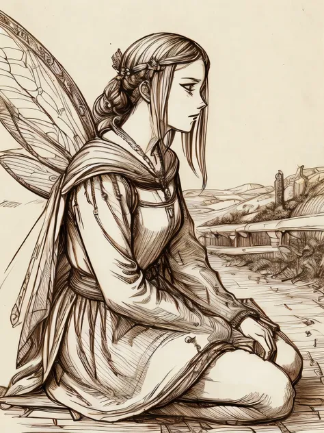 (davincisketch),fullbody,A young woman sitting down after breaking up with her lover, hands on the ground, crying, regretful, medieval travelers dress, paved road, a fairy tale world, (manga style), (sketch), (illutration)