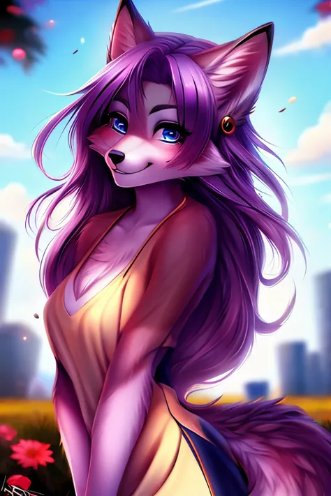  a girl, Alone,  long hair ,  looking at spectator ,  Purple hair, Earrings, ((orejas de lobo)), blush, smile,  blue eyes ,  anime style