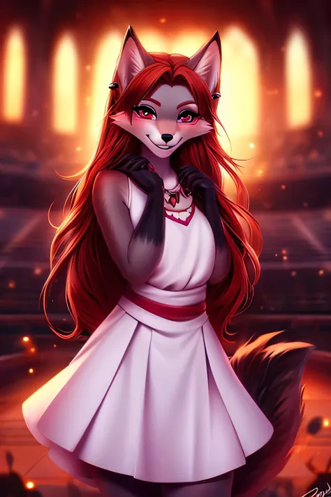  a girl, Alone,  long hair ,  looking at spectator, red hair, Earrings, ((orejas de lobo)), blush, smile, pink eyes ,  anime style