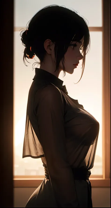 (best quality, masterpiece, high resolution:1.1),Use natural light and color, hyper detail clothes, high detailed anime image, cinematic light, 1 female , (silhouette of body:1.5),(transparent shirt:1.1), against light, (erect nipples:0.8) ,front view