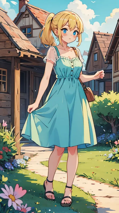 a woman in a village, long blonde ponytail modest breasts, blue eyes, long green sundress