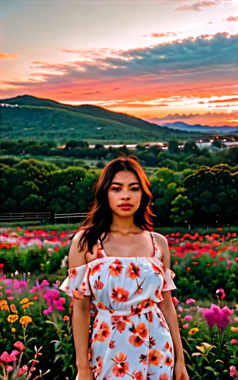 RAW photo, (closeup:1.2), portrait photo of 32 y.o mexican woman, flower dress, field of flowers, standing, natural skin, sunset, mountains, clouds, 8k uhd, high quality, film grain, Fujifilm XT3, instagram realistic LUT