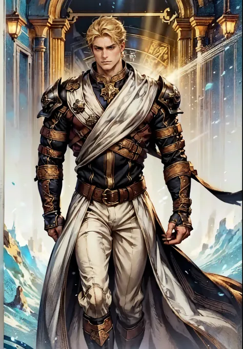 (masterpiece:1.2, best quality:1.2, extremely delicate:1.2), ((male:1.5)), a middle-aged man with short tousled golden hair, deep-set eyes, sharply defined features, serious expression, luxurious yellow-and-white fantasy-style composite silk satin top, sil...