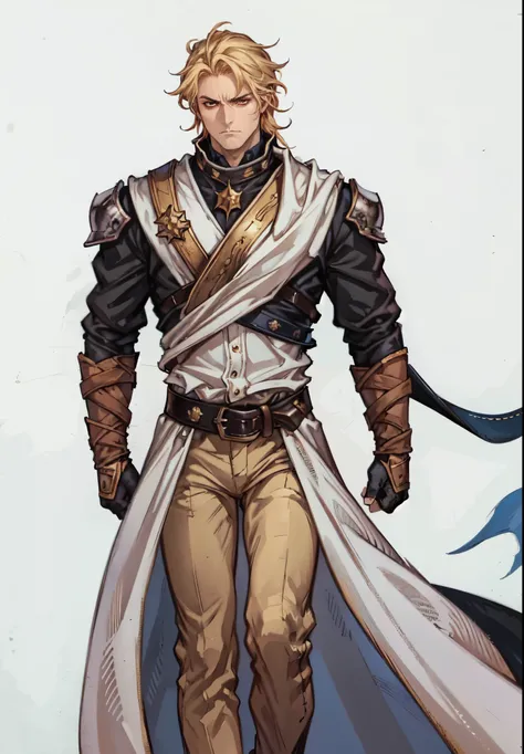 (masterpiece:1.2, best quality:1.2, extremely delicate:1.2), ((male:1.5)), a middle-aged man with short tousled golden hair, deep-set eyes, sharply defined features, serious expression, luxurious yellow-and-white fantasy-style composite silk satin top, sil...