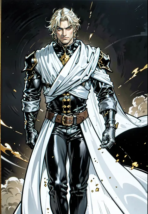 (masterpiece:1.2, best quality:1.2, extremely delicate:1.2), ((male:1.5)), a middle-aged man with short tousled golden hair, deep-set eyes, sharply defined features, serious expression, luxurious yellow-and-white fantasy-style composite silk satin top, sil...