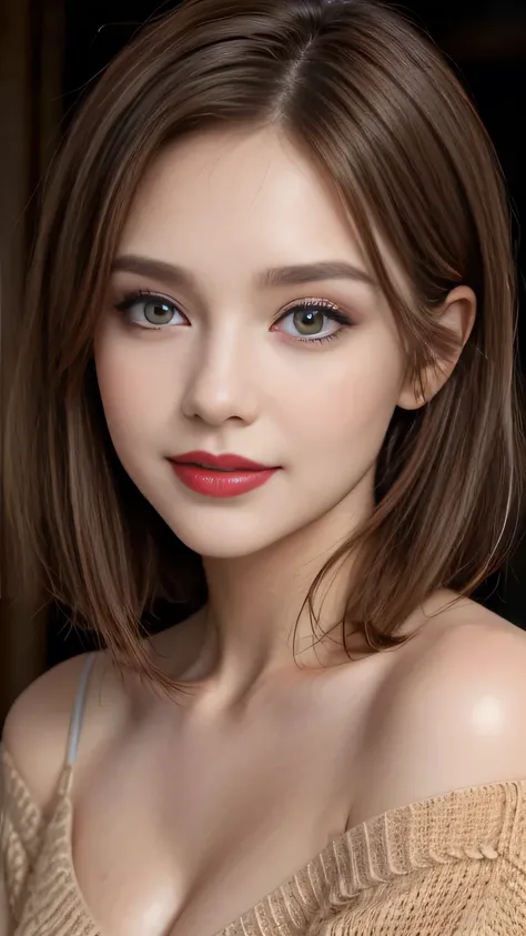 beautiful woman, french woman, smiling, masterpiece, best quality, ultra detailed, photo realistic, full upper body, portrait, shiny eyes, detailed face, beautiful eyes, brown eyes, detailed eyeshadows, brown hair, uneven shag middle parting hairstyle, red...