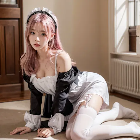 1 woman, apron, curtsey, cube 머리 decoration, dress, decoration, dark (expression), 머리 decoration, mind, mind hands,  long hair in the castle, looking away, maid, maid apron, maid headdress, ë§ë¦¬ ì ì¤,  one side up ,  pink hair, Shadowed face, shoes, short...