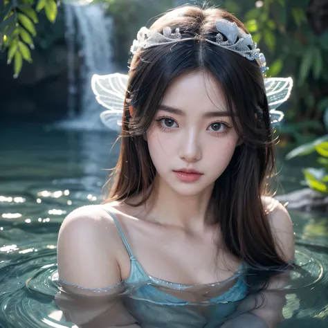 (High quality: 1.3), ( realistic: 1.3), ( realistic 피부 질감: 1.3), ((ultra high res.photorealistic: 1.4)), 8k, 최High quality, masterpiece,  Beautiful eyes and face details, Hand detail,  5 fingers, Fantasy_world, Water Fairy ,  ,  Exposed Breasts . Dreamy at...