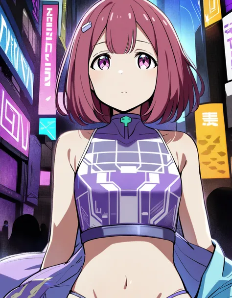 1 girl,nohara rin ,in a swimsuit,In the background, cyberpunk cities