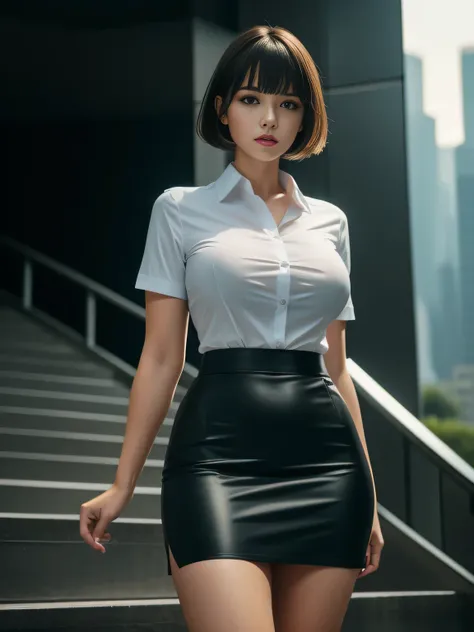 Tight-fitting business shirt, Short sleeves, Tight skirt, (Shirt tucked into skirt:1.3), Stairs in a dimly lit park in the office district, Brightly colored neon tubes, Skyscrapers in the background,
4K Quality, (High Resolution:1.3), (Realistic photo:1.3)...