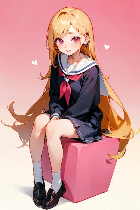 Chibi, Marin Kitagawa, cute+, shy++, earrings, ear piercing, school uniform, long blond hair, pink eyes, red lips, fullbody, seated