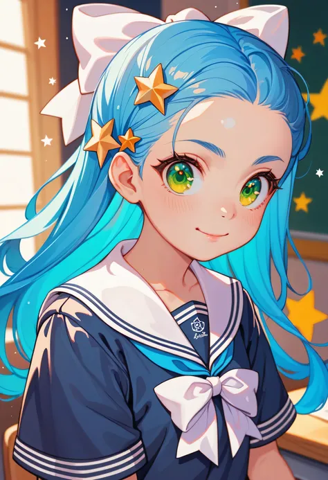 loli, long blue hair, big white bow, green eyes, stars in her eyes, japanese school uniform