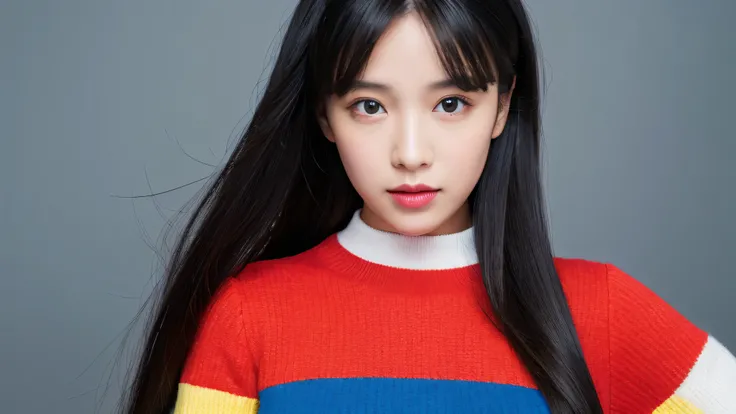 ( detailed face ), ultra high resolution,（ photorealistic：1.7）,Vivid, cute,Crew-neck dress inspired by Mondrians composition red, blue, and yellow, long black hair, studio shot ,( gray background ),