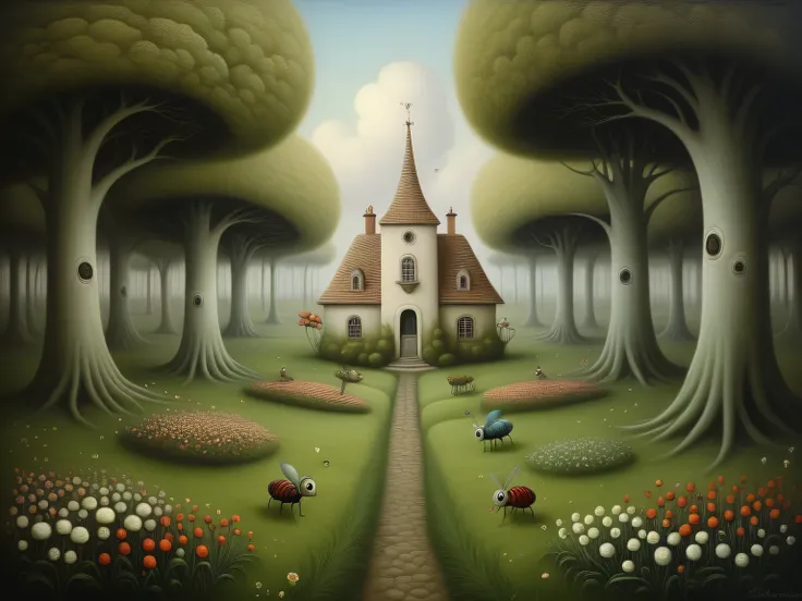 An oil painting on canvas in the style of the artist Anton Semenov combined with the style of the artist Nicoletta Ceccoli, a pastoral idyll, a beautiful cozy fairy-tale garden with strange and ridiculous trees and flowers, a pastoral idyll reigns in this strange beautiful cozy garden, in the garden under the shadow of strange trees surrounded by strange flowers rest strange anthropomorphic humanoid insects in costumes 19 centuries, a strange pastoral picnic, pastoral anthropomorphic insects, pastoral surrealism, complete in full accordance with the style of Anton Semenov combined with the style of Nicoletta Ceccoli, clearly, in detail, 8k