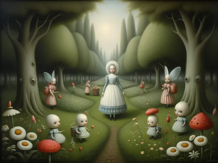 An oil painting on canvas in the style of the artist Anton Semenov combined with the style of the artist Nicoletta Ceccoli, a pastoral idyll, a beautiful cozy fairy-tale garden with strange and ridiculous trees and flowers, a pastoral idyll reigns in this ...