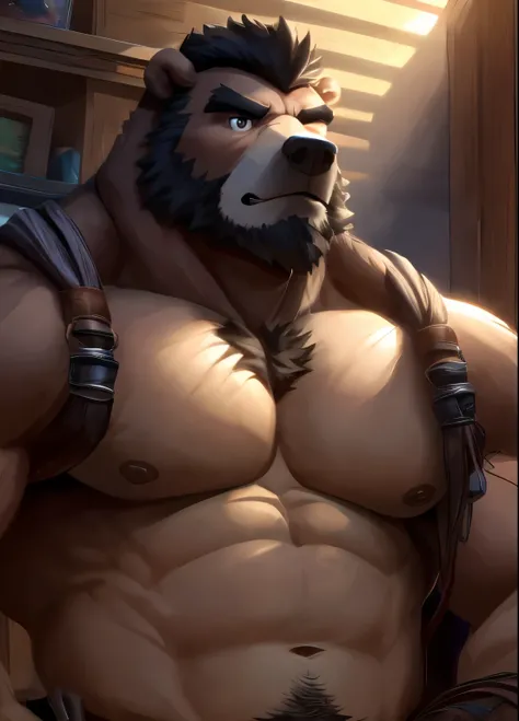  (super detailed), sharp focus, Eye, Brown eye, hairy, black and white fur, black beard, black hair，human nature (Brown bear), male, Middle-aged and elderly, brown body, white belly, Muscular ,(crotch bulge),Super detailed face, 1 boy,(Disheveled 1.4),(bes...