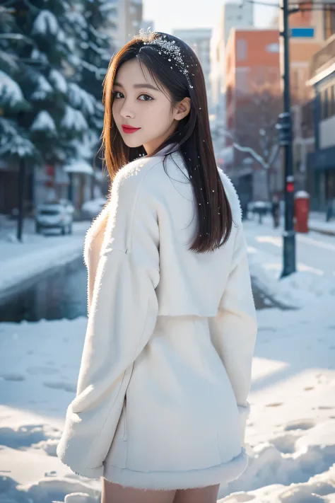 best quality, 4k, 8k, Detailed face, clear face, a pretty girl,Exquisite Makeup, Red lips,laugh, perfect body,shoulder-length straight bob hair,small head,small face,big watery eyes,small breasts,thigh,slim,thin, The girl wears a wide white mink fur coat, ...